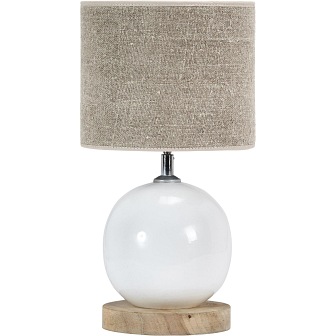 Biała lampa stołowa kula Fenby z lnianym abażurem